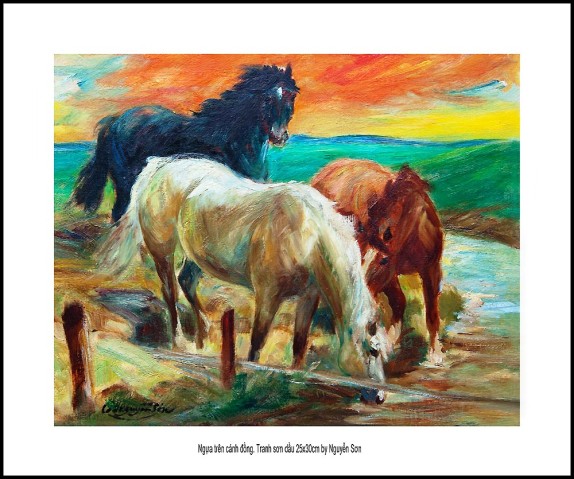Ngựa trên cánh đồng. Tranh sơn dầu 25x30cmcm by Nguyễn Sơn